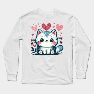 Drawing a cat with Hearts on Valentine's day Long Sleeve T-Shirt